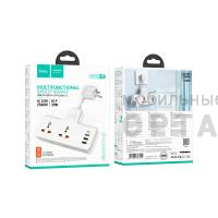 Сетевой фильтр HOCO AC12A, 85мм, 10A/250V, 5V/3A, 2 розетки, 3хUSB, Type-C, с выключателем, Type-C: 30W, USB-A 1: 18W,  белый