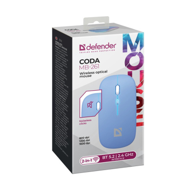 Беспроводная мышь DEFENDER Coda MB-261, 3 кнопки, 800-1600 dpi, Bluetooth, USB, синий (1/40)
