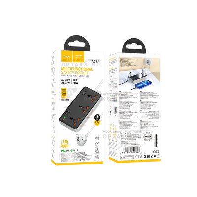 Сетевой фильтр HOCO AC8A, 1.5м, 10A/250V, 5V/3A, 3 розетки, 3хUSB, Type-C, с выключателем, Type-C: 30W, USB-A 1: 18W,  черный