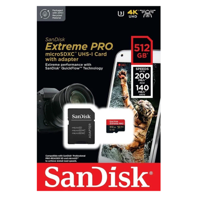Карта памяти MicroSDXC 512GB SanDisk Class 10 Extreme Pro A2 V30 UHS-I U3 (200 Mb/s) + SD адаптер